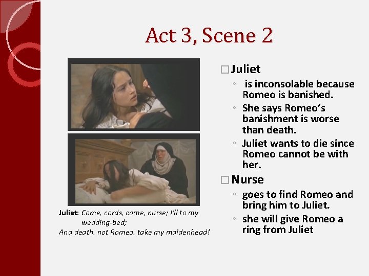 Act 3, Scene 2 Juliet: Come, cords, come, nurse; I'll to my wedding-bed; And