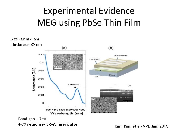 Experimental Evidence MEG using Pb. Se Thin Film Size - 8 nm diam Thickness-