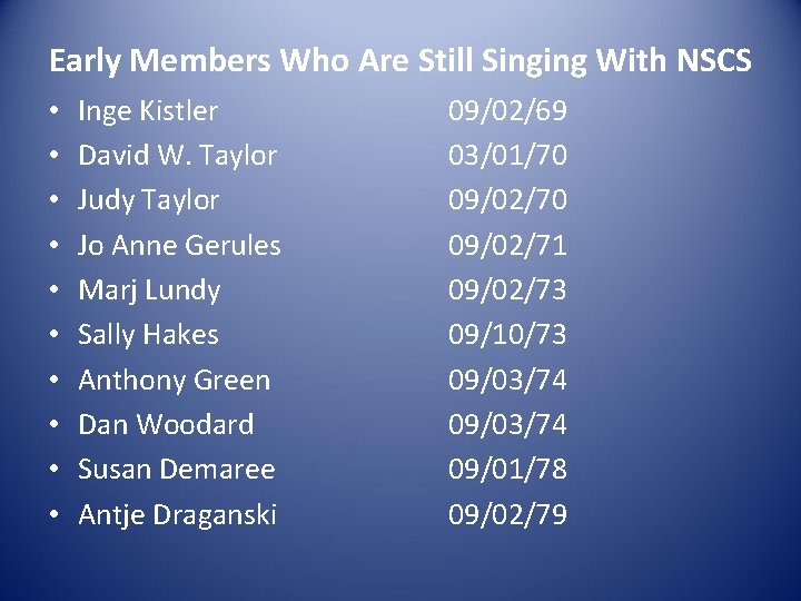 Early Members Who Are Still Singing With NSCS • • • Inge Kistler David