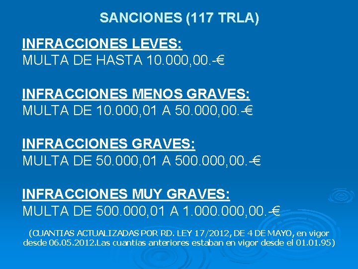 SANCIONES (117 TRLA) INFRACCIONES LEVES: MULTA DE HASTA 10. 000, 00. -€ INFRACCIONES MENOS