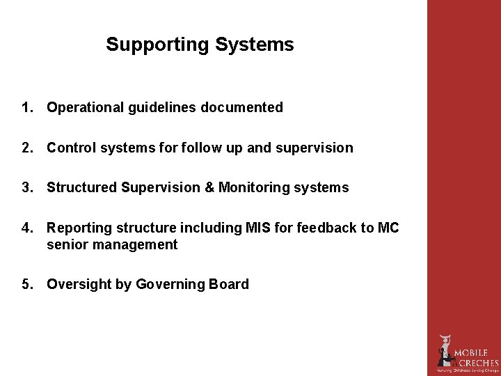 Supporting Systems 1. Operational guidelines documented 2. Control systems for follow up and supervision