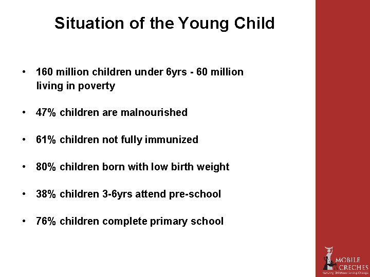 Situation of the Young Child • 160 million children under 6 yrs - 60