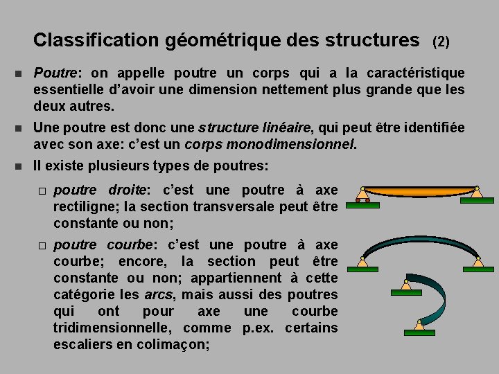 Classification géométrique des structures (2) n Poutre: on appelle poutre un corps qui a