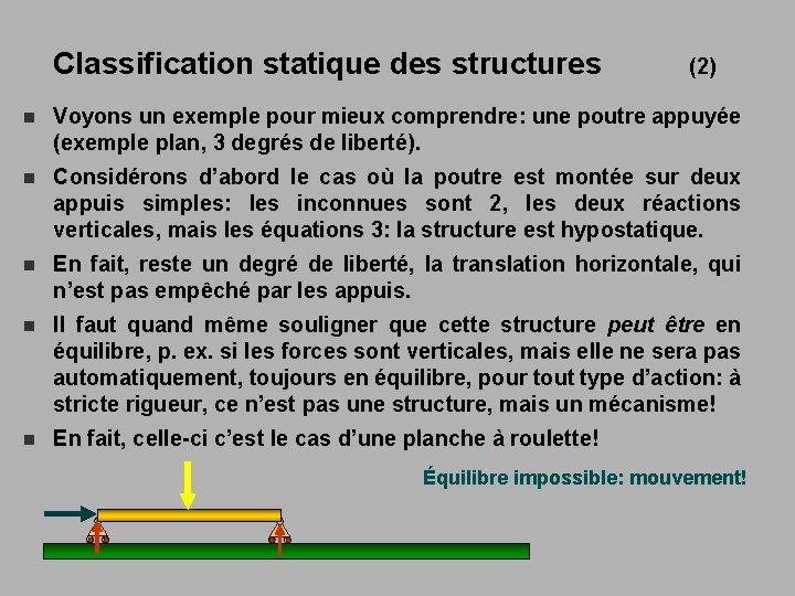 Classification statique des structures (2) n Voyons un exemple pour mieux comprendre: une poutre