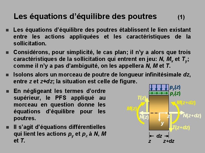 Les équations d’équilibre des poutres (1) n Les équations d’équilibre des poutres établissent le