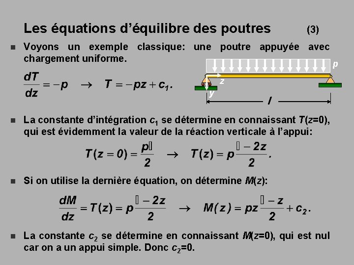 Les équations d’équilibre des poutres (3) n Voyons un exemple classique: une poutre appuyée