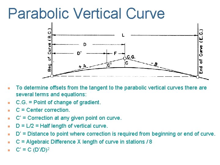 Parabolic Vertical Curve n n n n To determine offsets from the tangent to