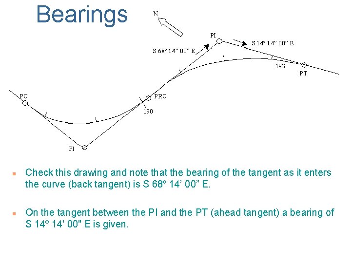 Bearings n n Check this drawing and note that the bearing of the tangent