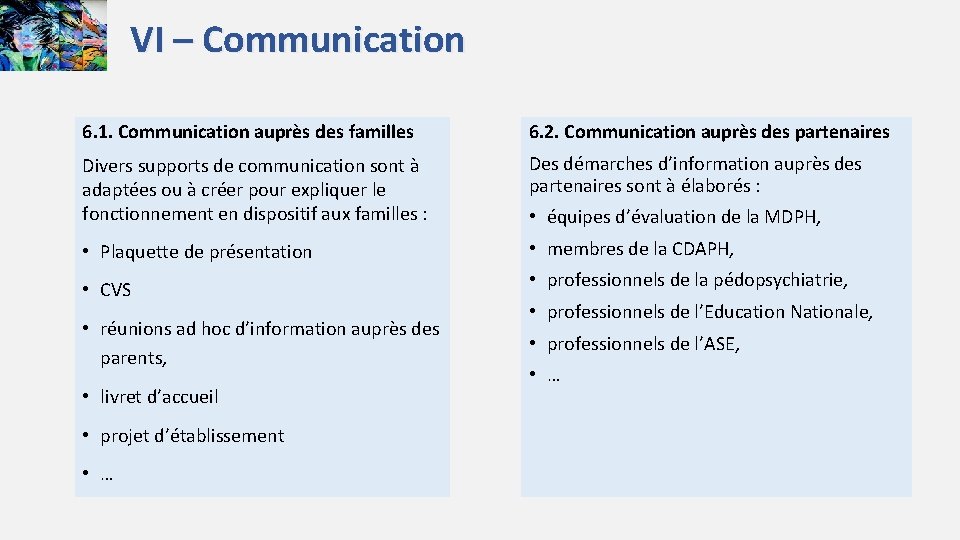 VI – Communication 6. 1. Communication auprès des familles 6. 2. Communication auprès des