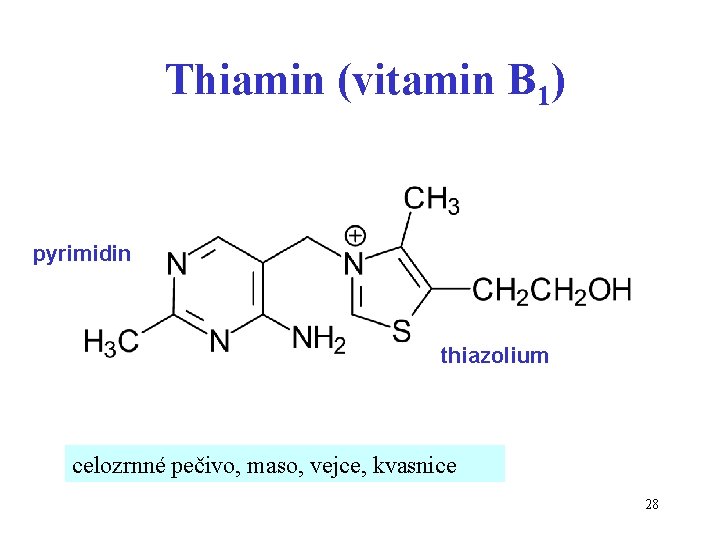 Thiamin (vitamin B 1) pyrimidin thiazolium celozrnné pečivo, maso, vejce, kvasnice 28 
