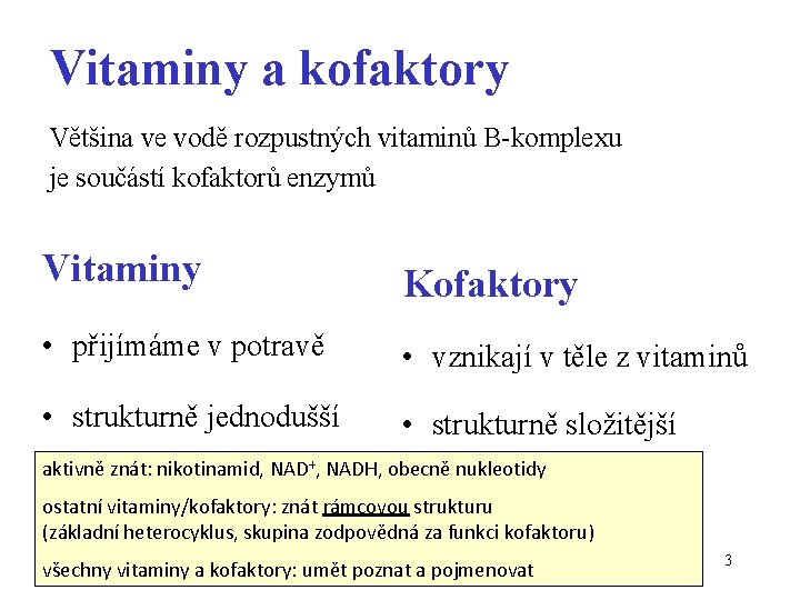 Vitaminy a kofaktory Většina ve vodě rozpustných vitaminů B-komplexu je součástí kofaktorů enzymů Vitaminy