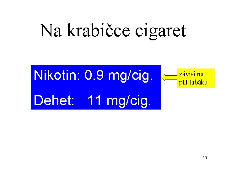 Na krabičce cigaret Nikotin: 0. 9 mg/cig. závisí na p. H tabáku Dehet: 11