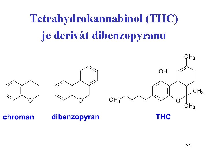 Tetrahydrokannabinol (THC) je derivát dibenzopyranu 76 