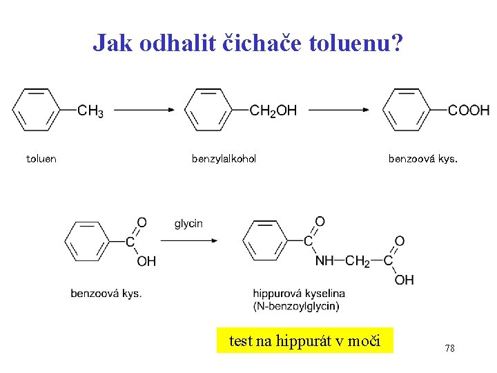 Jak odhalit čichače toluenu? toluen benzylalkohol test na hippurát v moči benzoová kys. 78