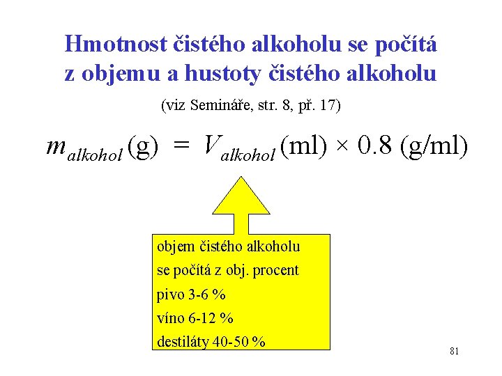 Hmotnost čistého alkoholu se počítá z objemu a hustoty čistého alkoholu (viz Semináře, str.