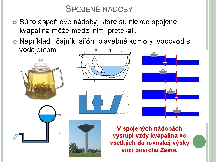 SPOJENÉ NÁDOBY Sú to aspoň dve nádoby, ktoré sú niekde spojené, kvapalina môže medzi