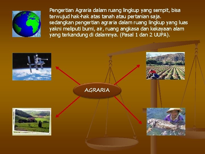 Pengertian Agraria dalam ruang lingkup yang sempit, bisa terwujud hak-hak atas tanah atau pertanian