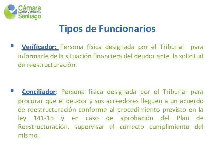 Tipos de Funcionarios § Verificador: Persona física designada por el Tribunal para informarle de