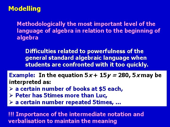 Modelling Methodologically the most important level of the language of algebra in relation to