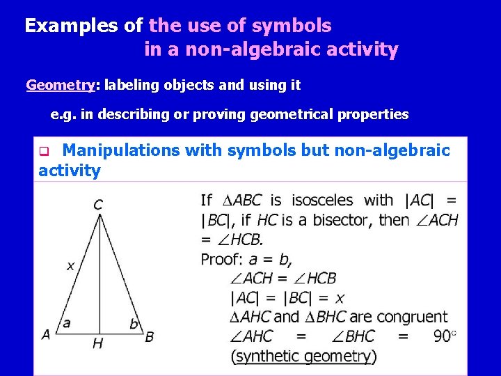 Examples of the use of symbols in a non-algebraic activity Geometry: labeling objects and