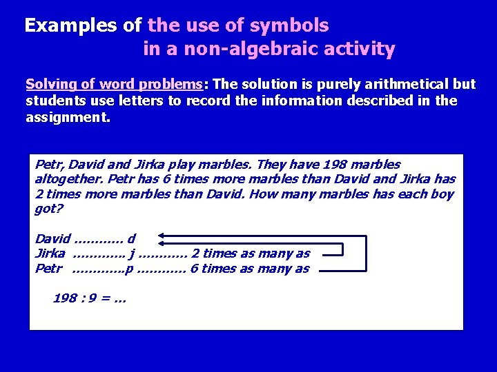 Examples of the use of symbols in a non-algebraic activity Solving of word problems: