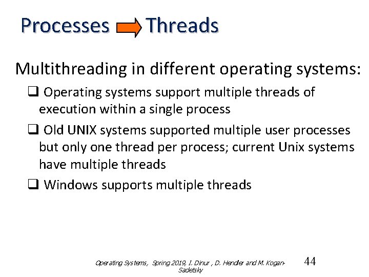 Processes Threads Multithreading in different operating systems: q Operating systems support multiple threads of