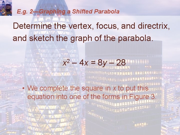 E. g. 2—Graphing a Shifted Parabola Determine the vertex, focus, and directrix, and sketch