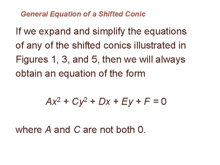 General Equation of a Shifted Conic If we expand simplify the equations of any