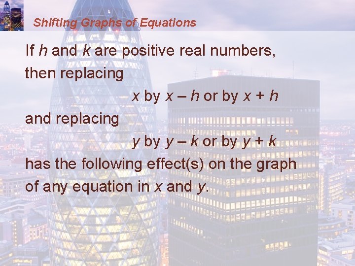 Shifting Graphs of Equations If h and k are positive real numbers, then replacing