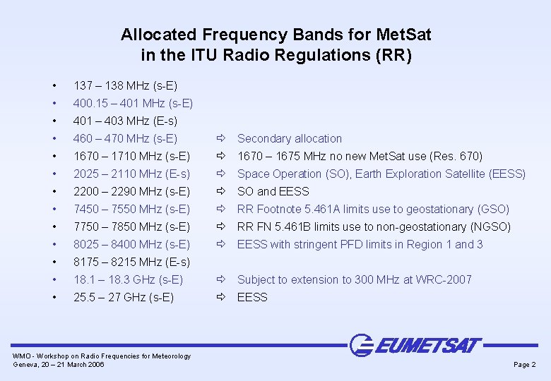 Allocated Frequency Bands for Met. Sat in the ITU Radio Regulations (RR) • 137