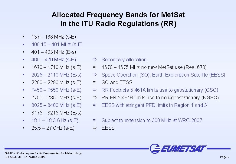 Allocated Frequency Bands for Met. Sat in the ITU Radio Regulations (RR) • 137