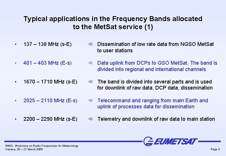 Typical applications in the Frequency Bands allocated to the Met. Sat service (1) •