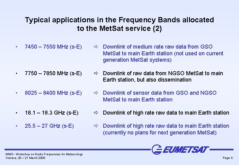 Typical applications in the Frequency Bands allocated to the Met. Sat service (2) •