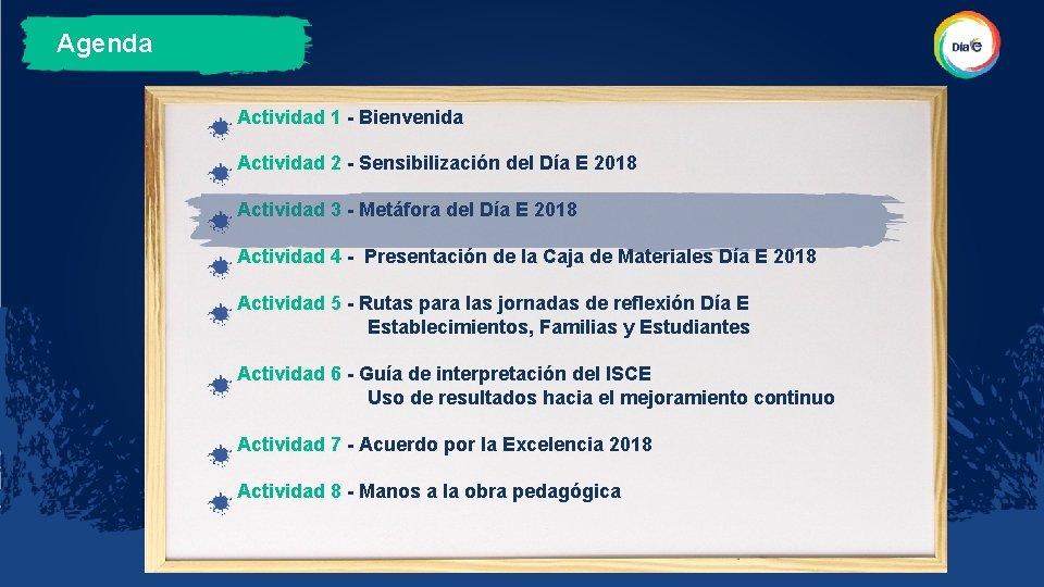 Agenda Actividad 1 - Bienvenida Actividad 2 - Sensibilización del Día E 2018 Actividad