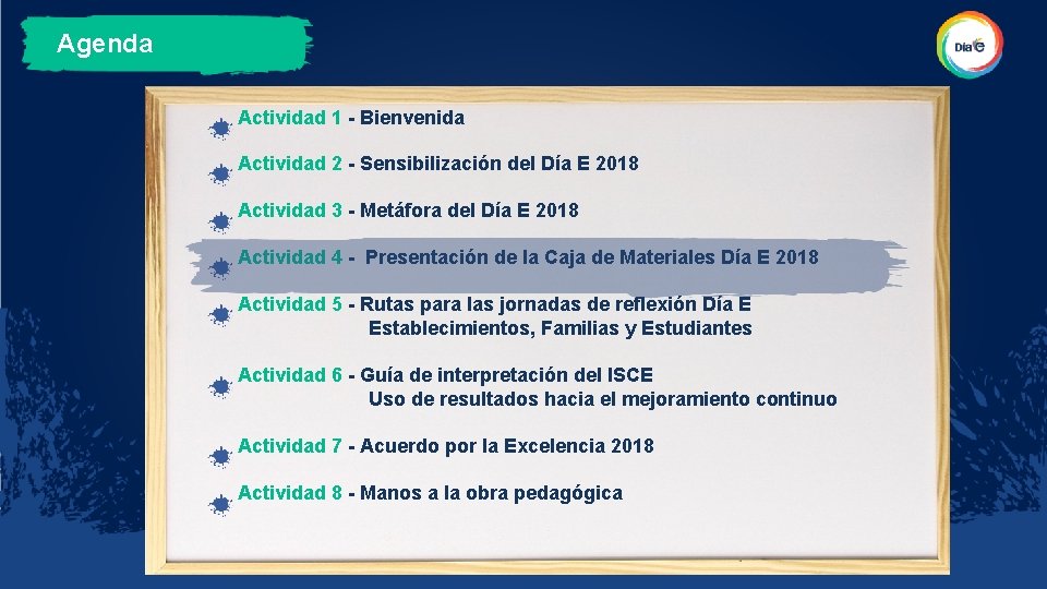 Agenda Actividad 1 - Bienvenida Actividad 2 - Sensibilización del Día E 2018 Actividad