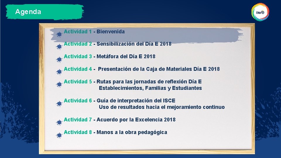 Agenda Actividad 1 - Bienvenida Actividad 2 - Sensibilización del Día E 2018 Actividad