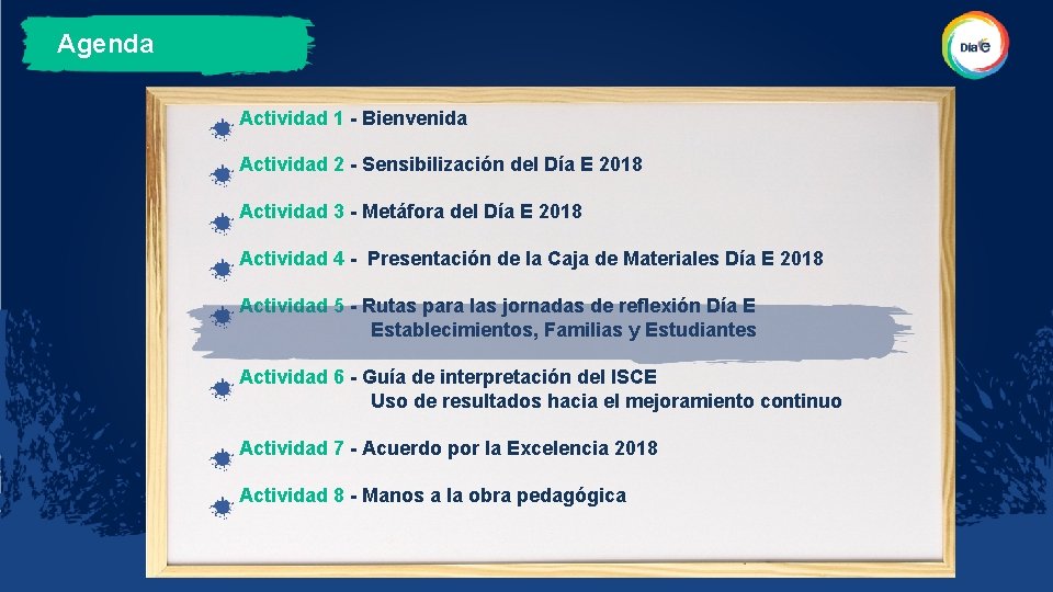 Agenda Actividad 1 - Bienvenida Actividad 2 - Sensibilización del Día E 2018 Actividad