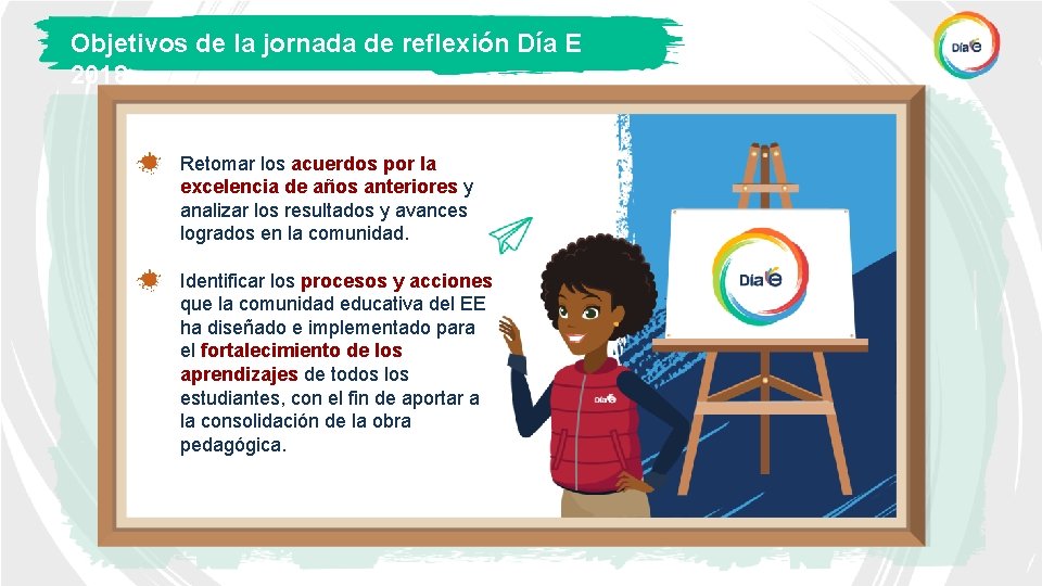 Objetivos de la jornada de reflexión Día E 2018 Retomar los acuerdos por la
