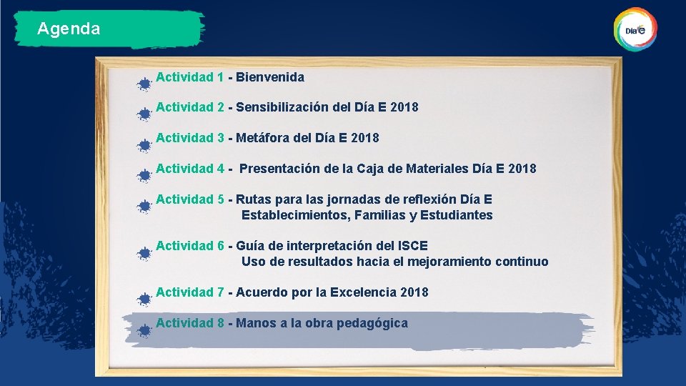 Agenda Actividad 1 - Bienvenida Actividad 2 - Sensibilización del Día E 2018 Actividad