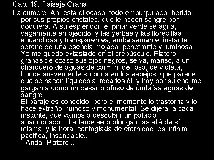 Cap. 19. Paisaje Grana La cumbre. Ahí está el ocaso, todo empurpurado, herido por