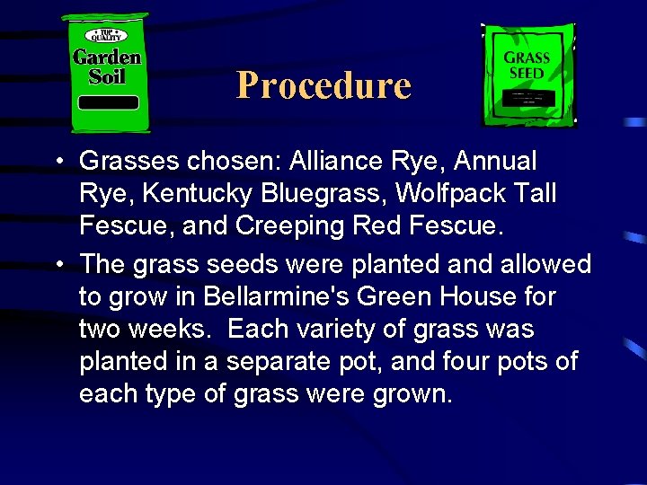 Procedure • Grasses chosen: Alliance Rye, Annual Rye, Kentucky Bluegrass, Wolfpack Tall Fescue, and