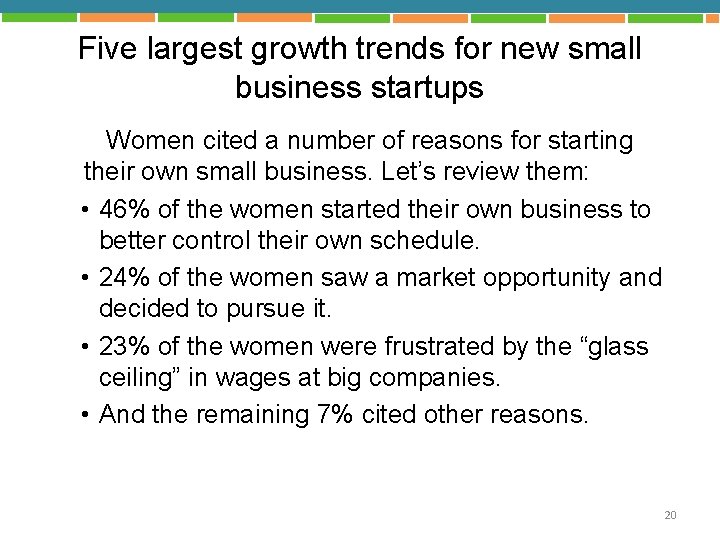 Five largest growth trends for new small business startups Women cited a number of