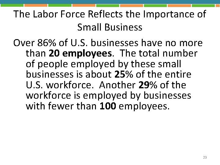 The Labor Force Reflects the Importance of Small Business Over 86% of U. S.