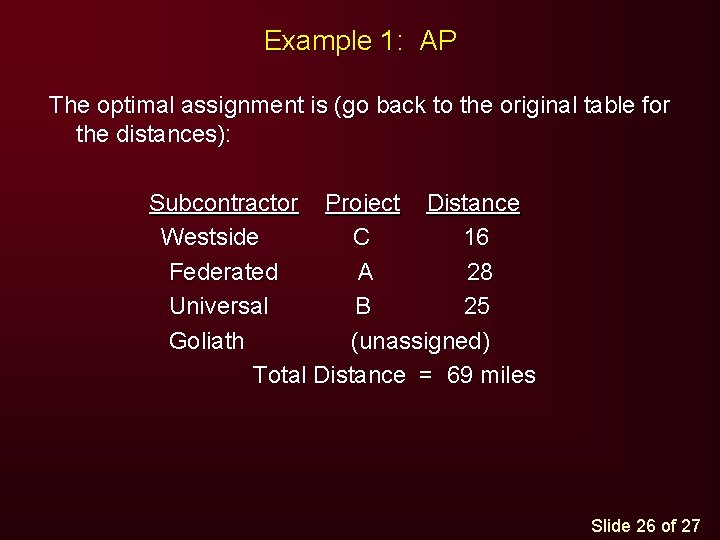 Example 1: AP The optimal assignment is (go back to the original table for Example 1: AP The optimal assignment is (go back to the original table for