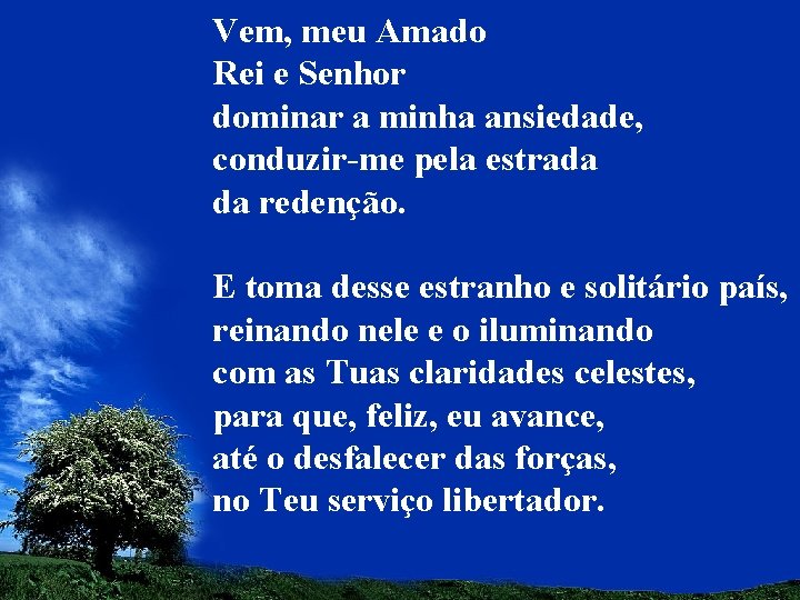 Vem, meu Amado Rei e Senhor dominar a minha ansiedade, conduzir-me pela estrada da