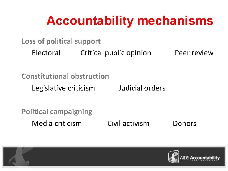 Accountability mechanisms Loss of political support Electoral Critical public opinion Constitutional obstruction Legislative criticism