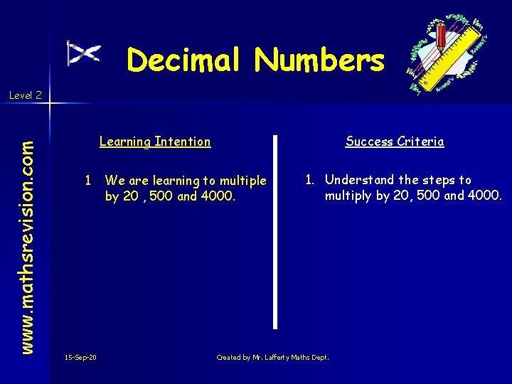 Decimal Numbers www. mathsrevision. com Level 2 Learning Intention 1 15 -Sep-20 Success Criteria