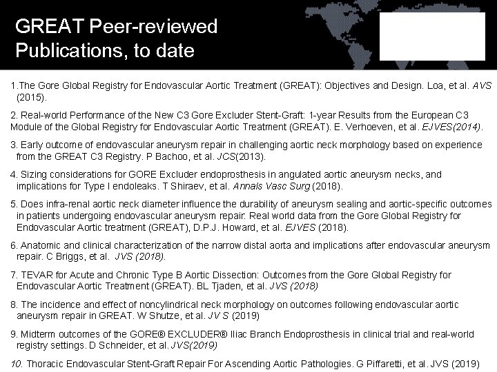 GREAT Peer-reviewed Publications, to date 1. The Gore Global Registry for Endovascular Aortic Treatment