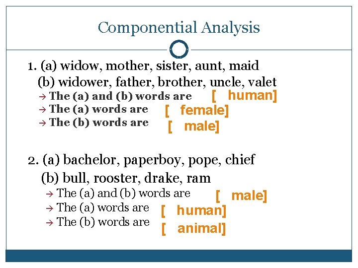 Componential Analysis 1. (a) widow, mother, sister, aunt, maid (b) widower, father, brother, uncle,
