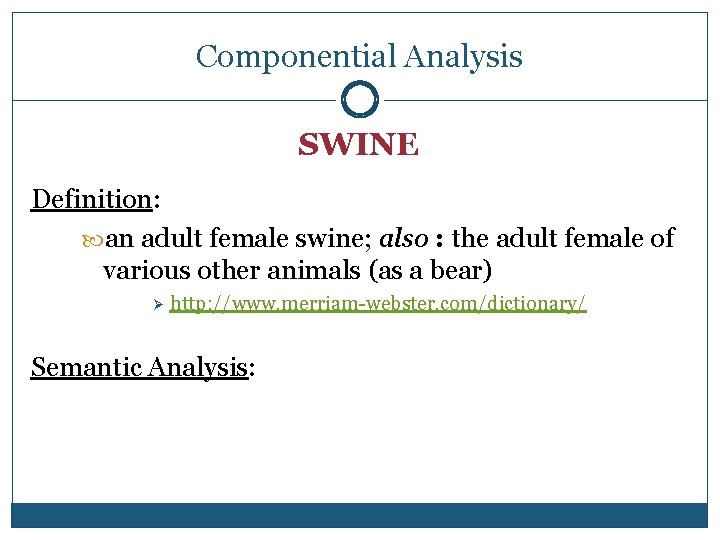 Componential Analysis SWINE Definition: an adult female swine; also : the adult female of